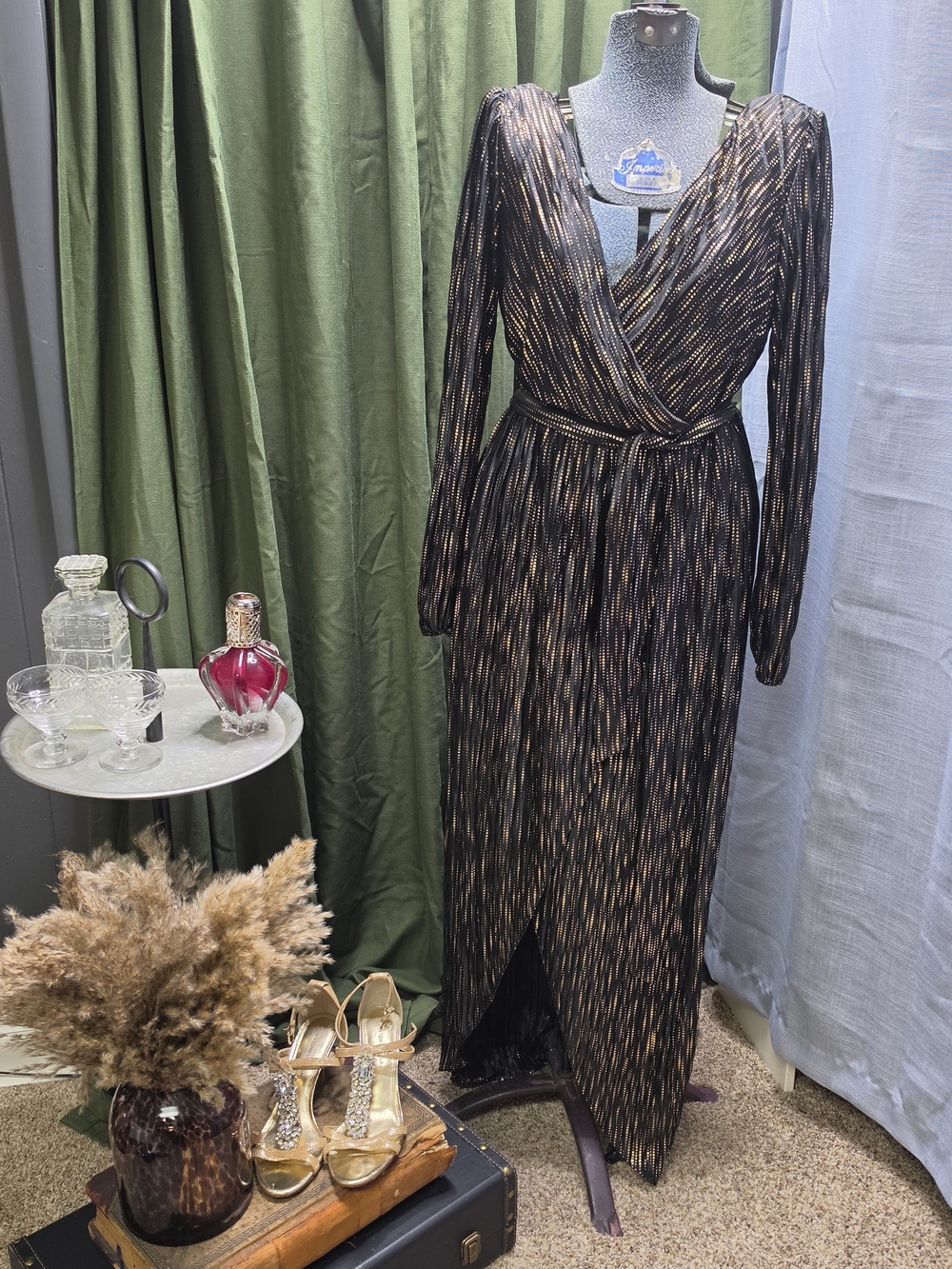 Guess Black Dress with Gold Metallic Stripe Wrap Maxi